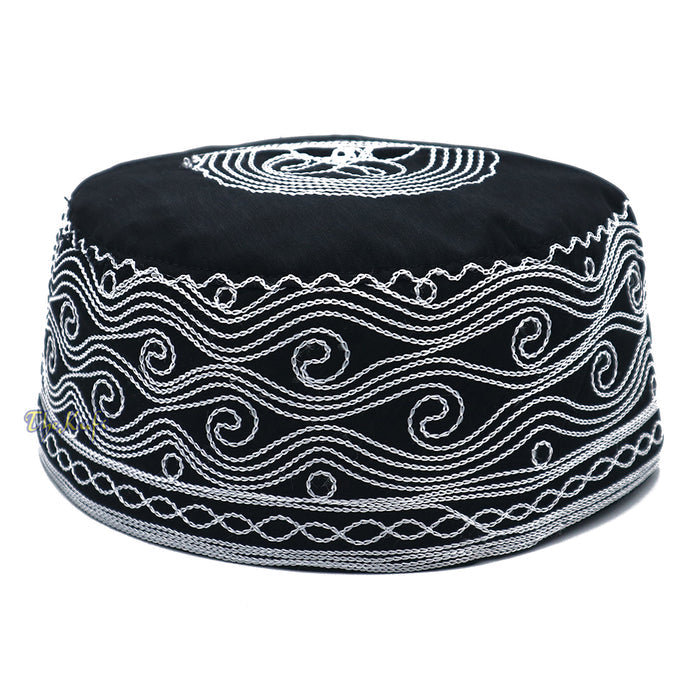 Islamic Kufi Hat | 3" Tall Black Cotton-blend Cap with White Embroidery