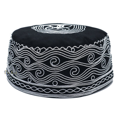 Islamic Kufi Hat | 3" Tall Black Cotton-blend Cap with White Embroidery