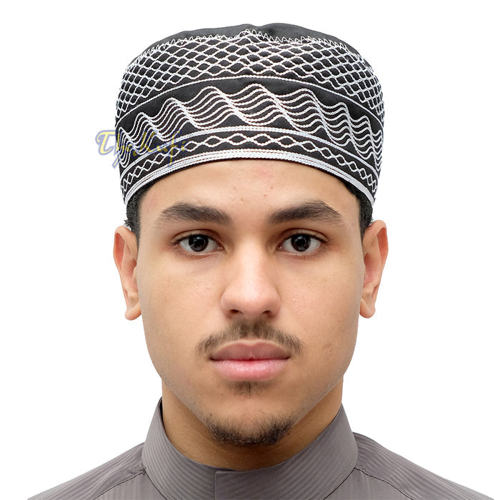 Islamic Kufi Hat | 3" Tall Black Cotton-blend Cap with White Embroidery