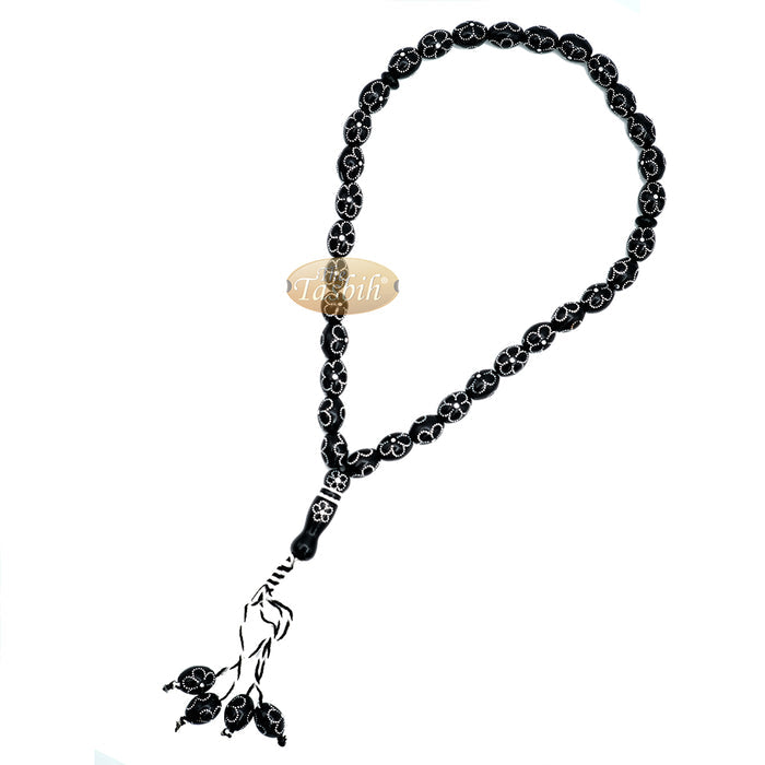 Large Black Tasbih 11x14 mm Plastic Resin Electroplated Silver-Tone Flower Design 33-Ct Prayer Dhikr Beads