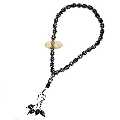 Large Black Tasbih 11x14 mm Plastic Resin Electroplated Silver-Tone Flower Design 33-Ct Prayer Dhikr Beads