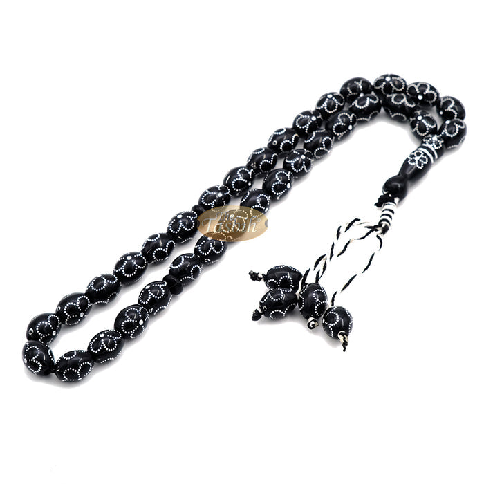 Large Black Tasbih 11x14 mm Plastic Resin Electroplated Silver-Tone Flower Design 33-Ct Prayer Dhikr Beads