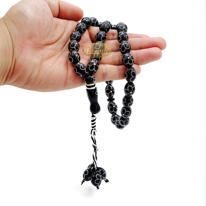 Large Black Tasbih 11x14 mm Plastic Resin Electroplated Silver-Tone Flower Design 33-Ct Prayer Dhikr Beads