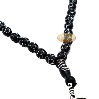 Large Black Tasbih 11x14 mm Plastic Resin Electroplated Silver-Tone Flower Design 33-Ct Prayer Dhikr Beads