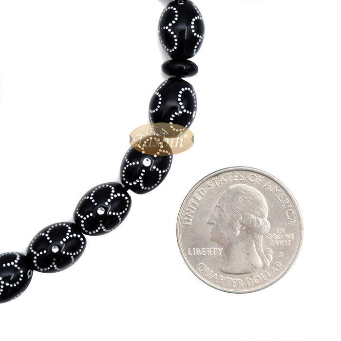 Large Black Tasbih 11x14 mm Plastic Resin Electroplated Silver-Tone Flower Design 33-Ct Prayer Dhikr Beads