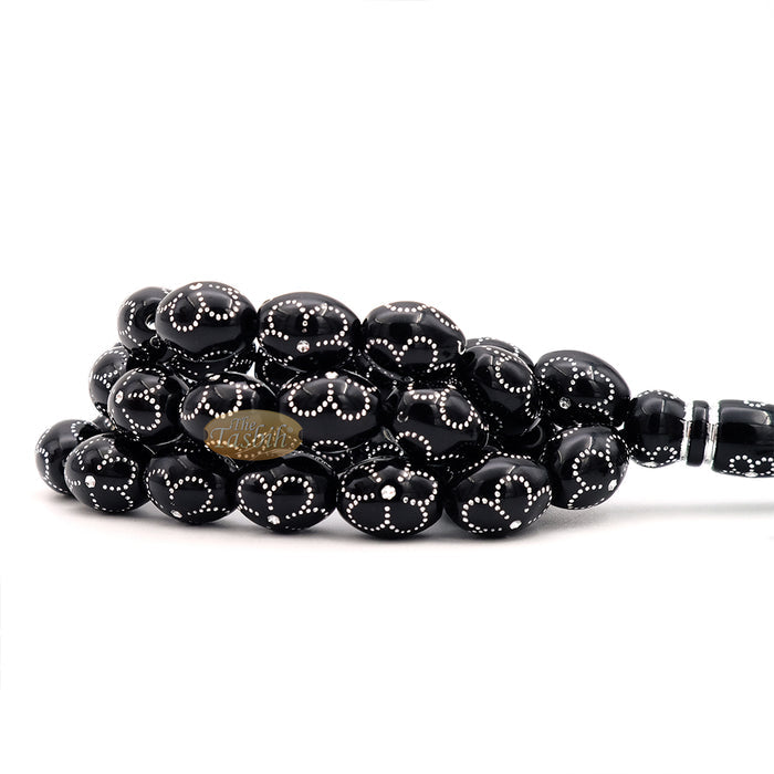 Large Black Tasbih 11x14 mm Plastic Resin Electroplated Silver-Tone Flower Design 33-Ct Prayer Dhikr Beads