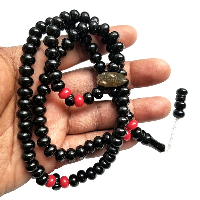 Large Durable Black Plastic Tasbih with Oval 9 mm Beads - Sturdy Rosary - 6 Red Accent Beads