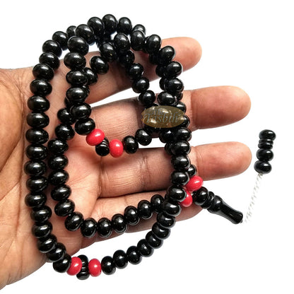 Large Durable Black Plastic Tasbih with Oval 9 mm Beads - Sturdy Rosary - 6 Red Accent Beads