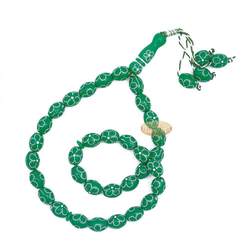 Large Green Tasbih 11x14 mm Plastic Resin Electroplated Silver-Tone Flower Design 33-Ct Prayer Dhikr Beads
