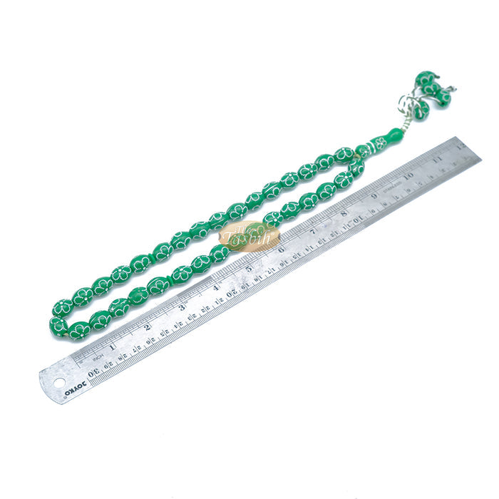 Large Green Tasbih 11x14 mm Plastic Resin Electroplated Silver-Tone Flower Design 33-Ct Prayer Dhikr Beads