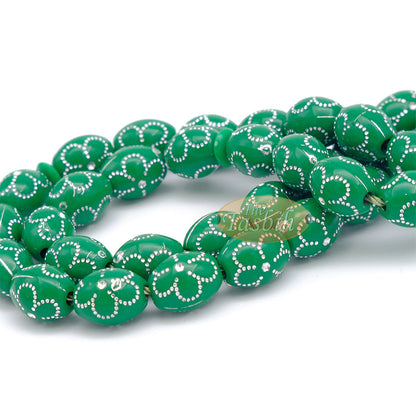 Large Green Tasbih 11x14 mm Plastic Resin Electroplated Silver-Tone Flower Design 33-Ct Prayer Dhikr Beads