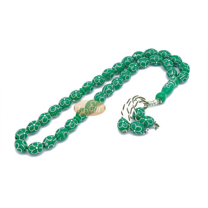 Large Green Tasbih 11x14 mm Plastic Resin Electroplated Silver-Tone Flower Design 33-Ct Prayer Dhikr Beads