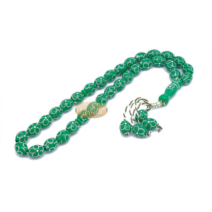 Large Green Tasbih 11x14 mm Plastic Resin Electroplated Silver-Tone Flower Design 33-Ct Prayer Dhikr Beads