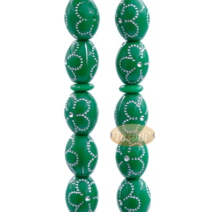 Large Green Tasbih 11x14 mm Plastic Resin Electroplated Silver-Tone Flower Design 33-Ct Prayer Dhikr Beads