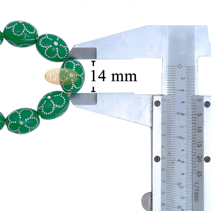 Large Green Tasbih 11x14 mm Plastic Resin Electroplated Silver-Tone Flower Design 33-Ct Prayer Dhikr Beads
