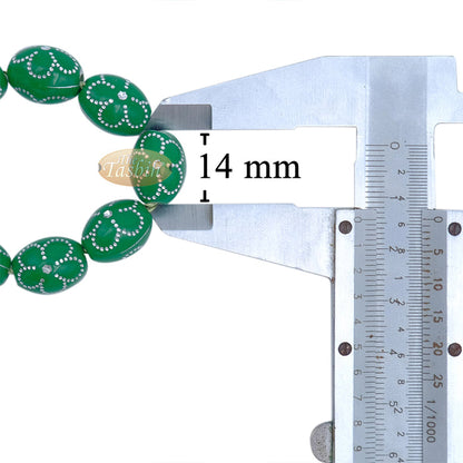 Large Green Tasbih 11x14 mm Plastic Resin Electroplated Silver-Tone Flower Design 33-Ct Prayer Dhikr Beads