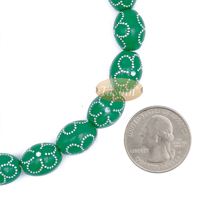 Large Green Tasbih 11x14 mm Plastic Resin Electroplated Silver-Tone Flower Design 33-Ct Prayer Dhikr Beads