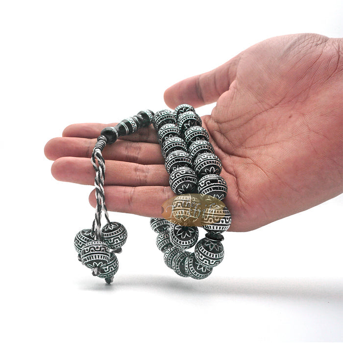 Large Sibha 13 mm Black & Metallic Silver Meandros Design Plastic Resin 33-Bead Muslim Tasbih Prayer Beads