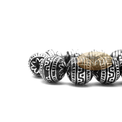 Large Sibha 13 mm Black & Metallic Silver Meandros Design Plastic Resin 33-Bead Muslim Tasbih Prayer Beads