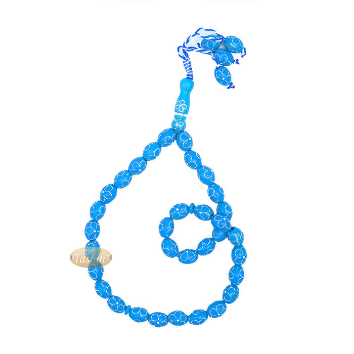 Large Turquoise Tasbih 11x14 mm Plastic Resin Electroplated Silver-Tone Flower Design 33-Ct Prayer Dhikr Beads