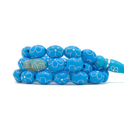 Large Turquoise Tasbih 11x14 mm Plastic Resin Electroplated Silver-Tone Flower Design 33-Ct Prayer Dhikr Beads
