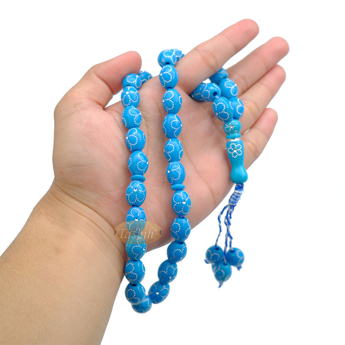 Large Turquoise Tasbih 11x14 mm Plastic Resin Electroplated Silver-Tone Flower Design 33-Ct Prayer Dhikr Beads