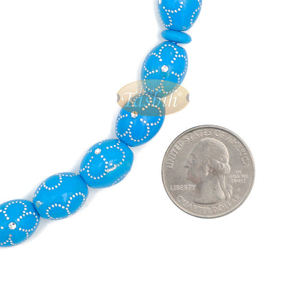 Large Turquoise Tasbih 11x14 mm Plastic Resin Electroplated Silver-Tone Flower Design 33-Ct Prayer Dhikr Beads