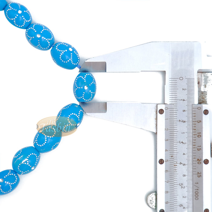 Large Turquoise Tasbih 11x14 mm Plastic Resin Electroplated Silver-Tone Flower Design 33-Ct Prayer Dhikr Beads