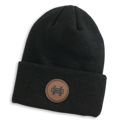 Leather Patch Beanie: Black