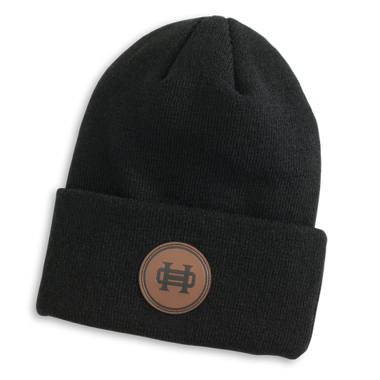 Leather Patch Beanie: Black