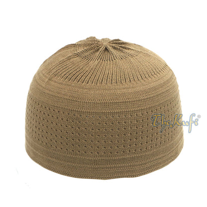 Light Brown Cotton Stretch-Knit Kufi Double Layer Woven Design Hat
