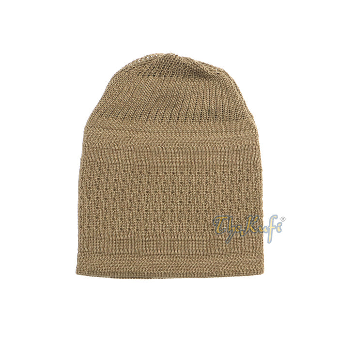 Light Brown Cotton Stretch-Knit Kufi Double Layer Woven Design Hat
