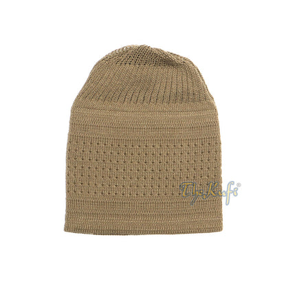 Light Brown Cotton Stretch-Knit Kufi Double Layer Woven Design Hat