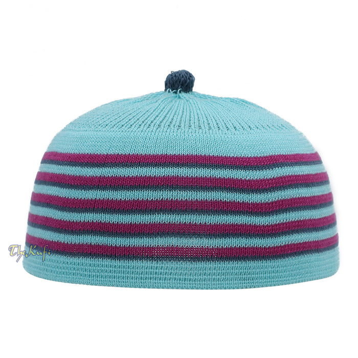 Light Turquoise Blue with Light Maroon and Dark Green Lines Baby Or Infant Kufi pom-pom Stretchable Beanie