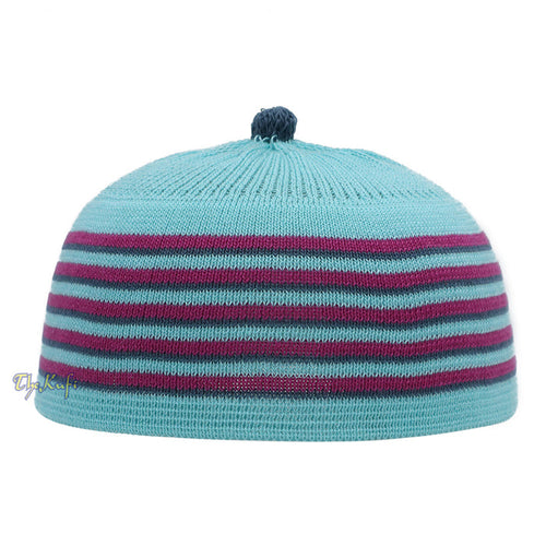 Light Turquoise Blue with Light Maroon and Dark Green Lines Baby Or Infant Kufi pom-pom Stretchable Beanie