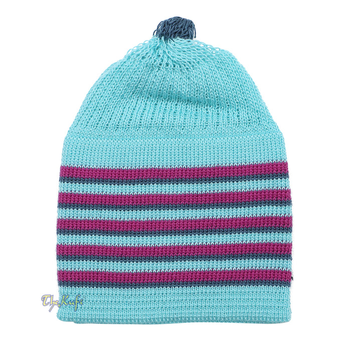Light Turquoise Blue with Light Maroon and Dark Green Lines Baby Or Infant Kufi pom-pom Stretchable Beanie