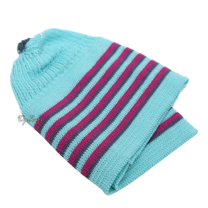Light Turquoise Blue with Light Maroon and Dark Green Lines Baby Or Infant Kufi pom-pom Stretchable Beanie