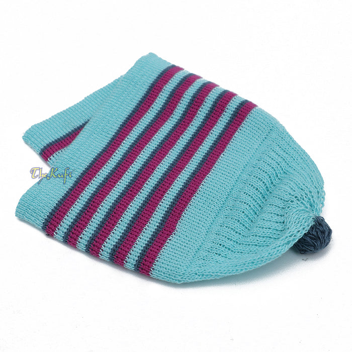Light Turquoise Blue with Light Maroon and Dark Green Lines Baby Or Infant Kufi pom-pom Stretchable Beanie