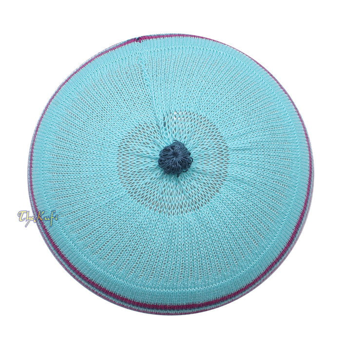 Light Turquoise Blue with Light Maroon and Dark Green Lines Baby Or Infant Kufi pom-pom Stretchable Beanie