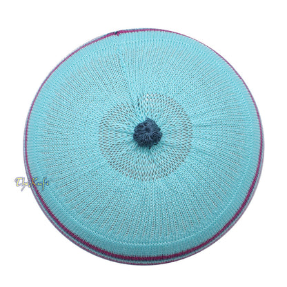 Light Turquoise Blue with Light Maroon and Dark Green Lines Baby Or Infant Kufi pom-pom Stretchable Beanie