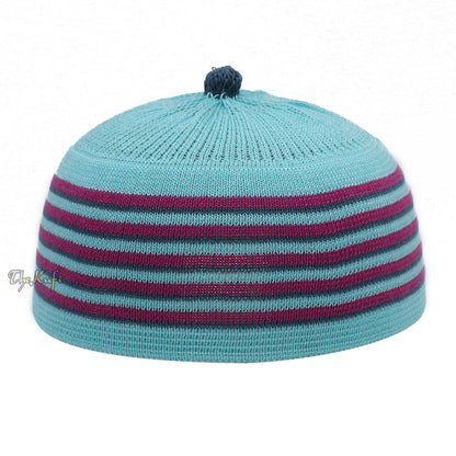 Light Turquoise Blue with Light Maroon and Dark Green Lines Baby Or Infant Kufi pom-pom Stretchable Beanie