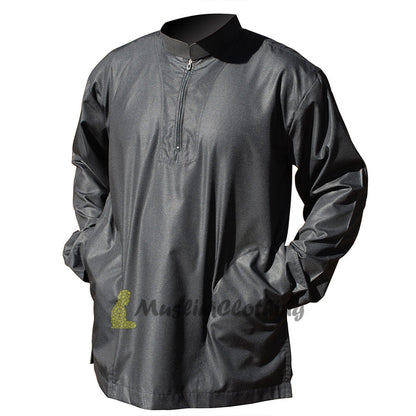 Long Sleeved Black Men's Shirt with Zipper Clothing Islamic