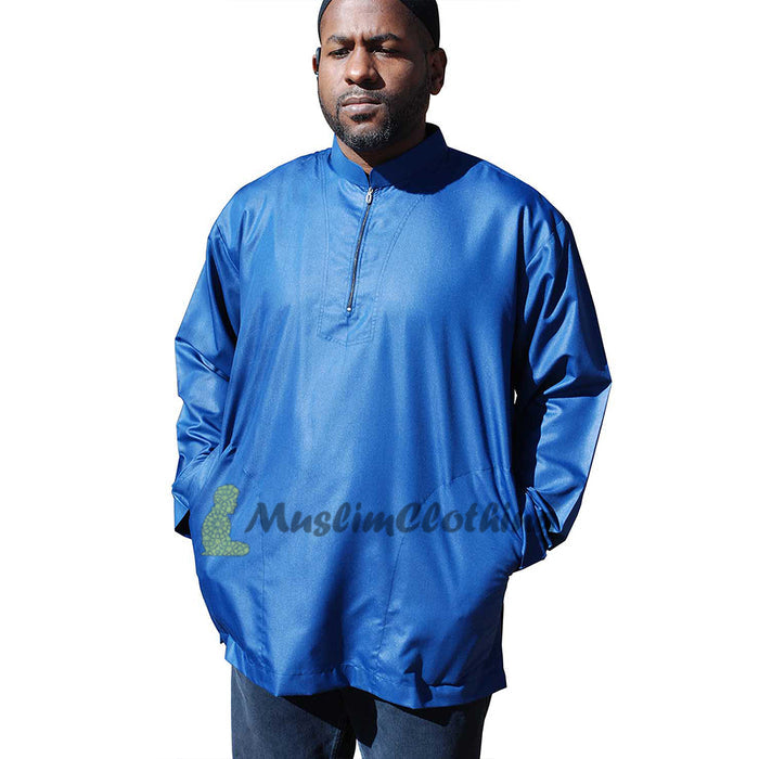 Long Sleeved Dark Blue Men's Shirt with Zipper Clothing Islamic