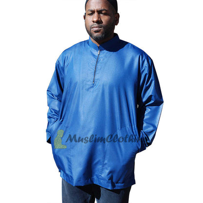 Long Sleeved Dark Blue Men's Shirt with Zipper Clothing Islamic