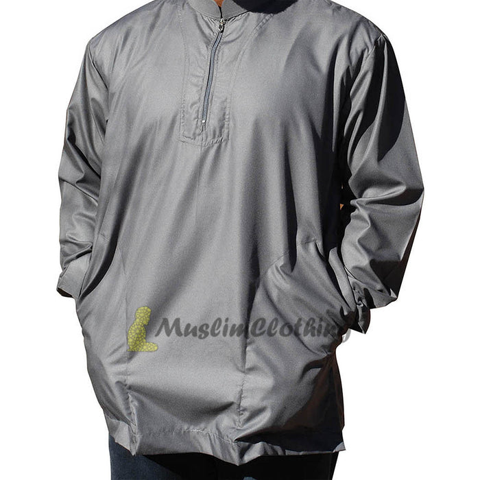 Long Sleeved Dark Gray Men's Shirt with Zipper Clothing Islamic