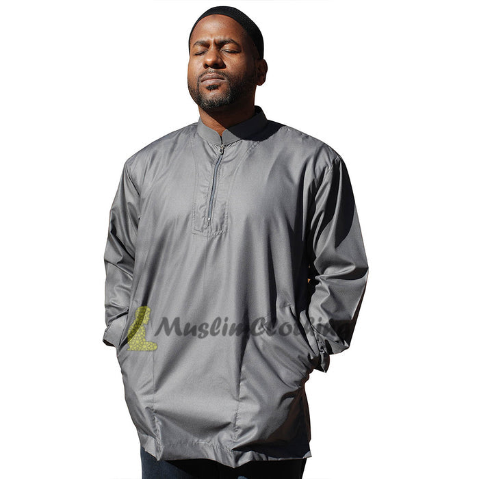 Long Sleeved Dark Gray Men's Shirt with Zipper Clothing Islamic