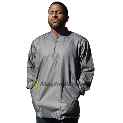 Long Sleeved Dark Gray Men's Shirt with Zipper Clothing Islamic