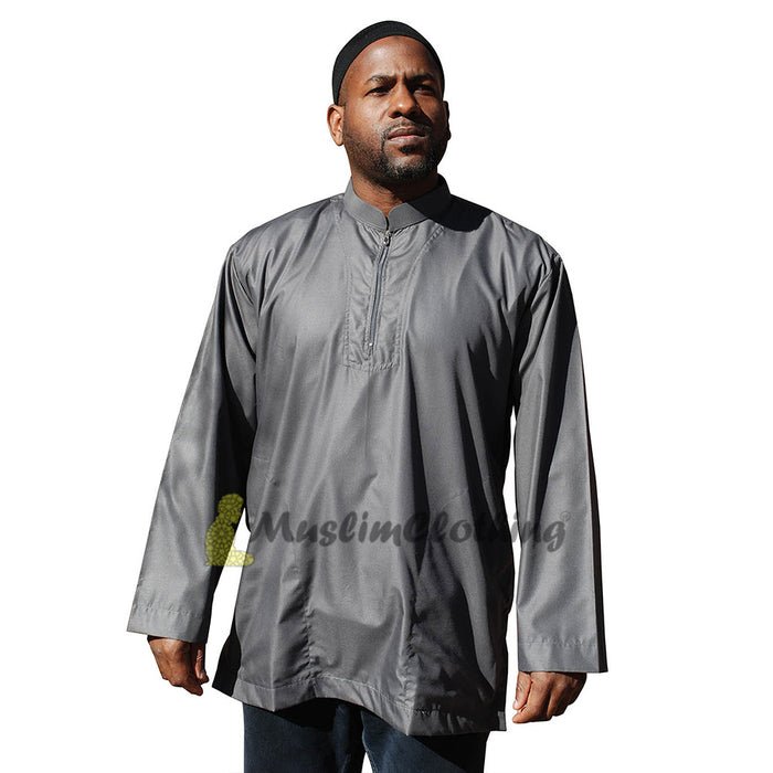 Long Sleeved Dark Gray Men's Shirt with Zipper Clothing Islamic