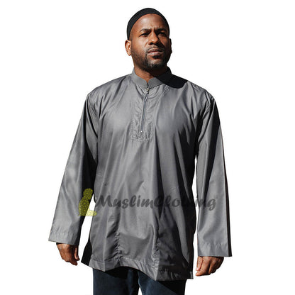 Long Sleeved Dark Gray Men's Shirt with Zipper Clothing Islamic