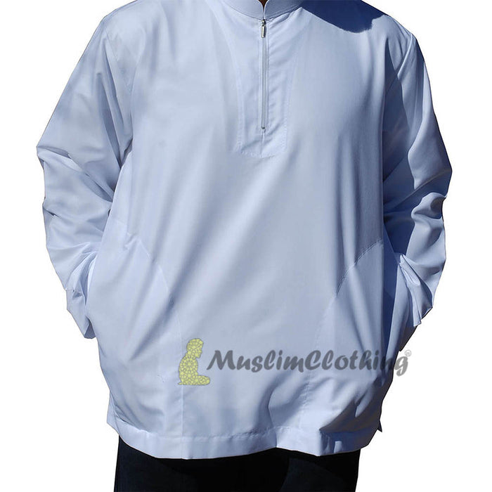 Long Sleeved White Men's Shirt with Zipper Clothing Islamic